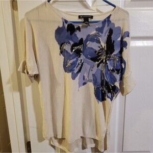 INC International Concepts Lightweight Cream and Blue Floral Sweater